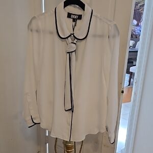 DKNY Women's White Blouse with Black Trim